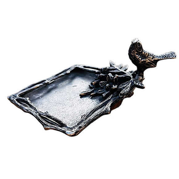 Silver Tone Metal Floral Bird Serving Trinket Tray Plate 6”x 6” - Picture 4 of 9